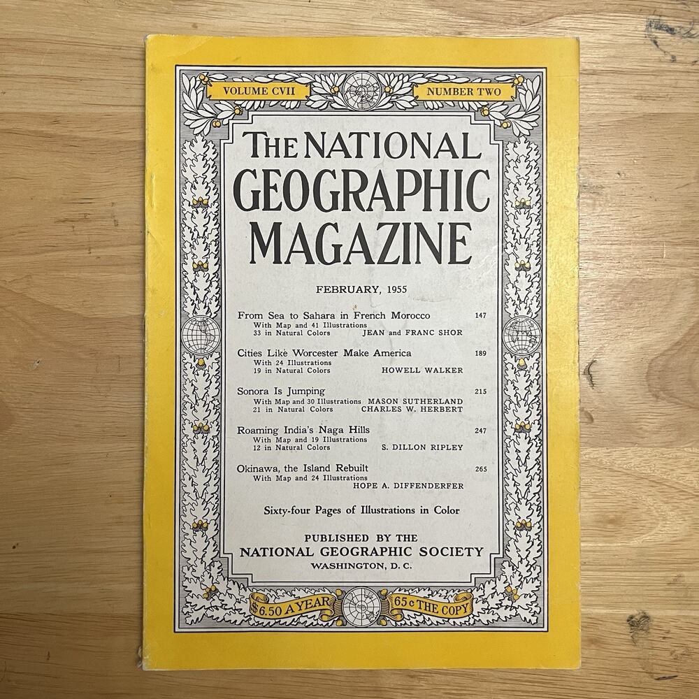 Vintage National Geographic February 1955 Worcester India Okinawa Sahara Morocco